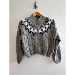 VTG Adesso Cardigan Sweater Womens M Gray Fair Isle Chunky Knit Button Up 80s